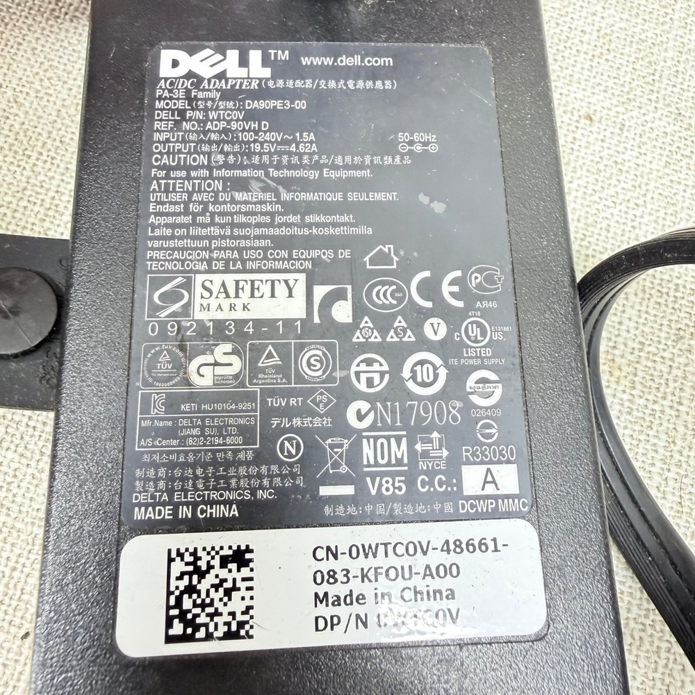 Dell 90W AC Power Adapter PA-3E 19.5V 4.62A WTC0V DA90PE3-00 Laptop Charger